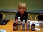 Mckenzie, Dr. Lange's daughter, trying to figure out which kids fish oil she wants.